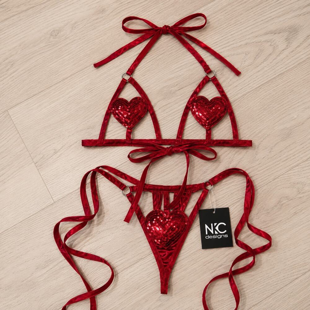 NEW Red Sequin Heart Tie Lingerie Set Bra & Thong Women's One Size